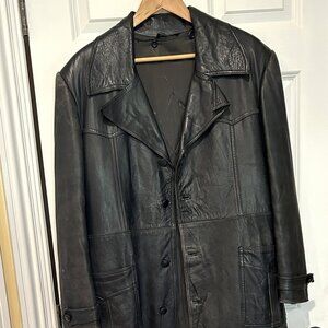 Vintage, Black Distressed, Genuine Leather, Long Trench Coat